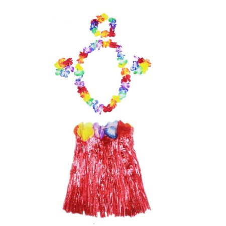 Luau Aloha Hawaii  Kolye Etek Taç ve Bileklik Seti Kırmızı (4172)