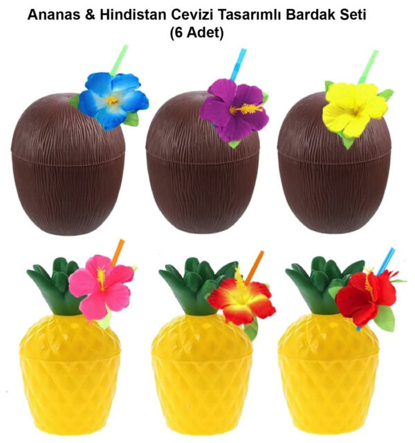 Ananas Lamp; Hindistan Cevizi Tasarımlı Pipetli Bardak Seti (6 Adet)