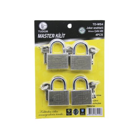 TUDOR TD-MS4 MASTER 4PCS JOKER ANAHTARLI=TEK ANAHTARLA 4 KİLİT AÇ  60MM - GRİ KISA KANCALI ÇELİK ASMA KİLİT (4172)