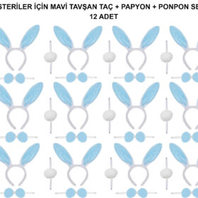 Mavi Tavşan Kostüm Seti – Taç, Papyon, Ponpon (12’li Paket)