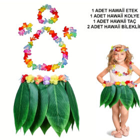 Çocuk Hawaii Kostüm Seti - Yaprak Etek & Hawaii Set - 5 Parça