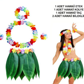 Yetişkin Hawaii Kostüm Seti - Yaprak Etek & Hawaii Set - 5 Parça