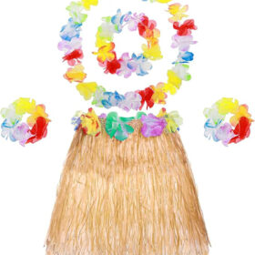Yetişkin Çocuk Hawaii Parti Seti - 40 cm Naturel Etek + Çiçek Aksesuarlar (5 Parça)