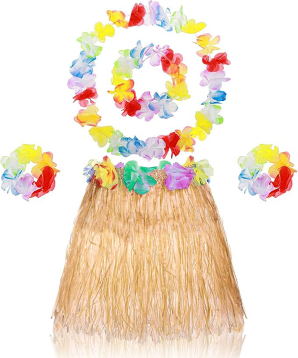 Yetişkin Çocuk Hawaii Parti Seti - 40 cm Naturel Etek + Çiçek Aksesuarlar (5 Parça) - Görsel 2
