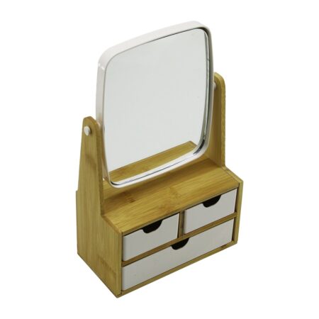3 ÇEKMECELİ BAMBU AHŞAP STANDLI=9X9.5X18X21.5CM MAKYAJ AYNASI=15X18CM TAKILIK 2+1 ORGANİZER (4172)