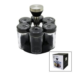 6 PARÇA  YUVARLAK CAM - PLASTİK KAPAK TULUK - BAHARATLIK DÖNER STANDLI (4172)