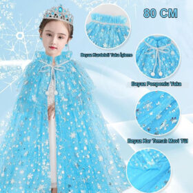 Karlar Ülkesi Elsa Frozen Mavi Pelerin – 80 cm Kar Desenli Çocuk Pelerini ( Taç Hariç )