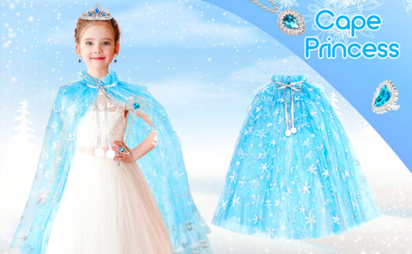 Karlar Ülkesi Elsa Frozen Mavi Pelerin – 80 cm Kar Desenli Çocuk Pelerini ( Taç Hariç ) - Görsel 3