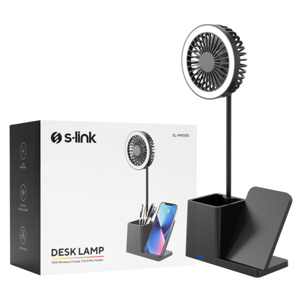 S-LINK SL-M9055 SİYAH TYPE-C  10W KABLOSUZ ŞARJ CİHAZI FANLI KALEMLİKLİ MASA LAMBASI - Görsel 4