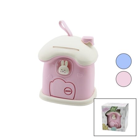 BÜYÜK=18X16X18CM EV MODELİ KİLİTLİ RENKLİ PLASTİK ÇOCUK KUMBARA TAVŞAN FİGÜRLÜ (4172)