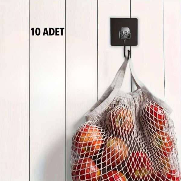 10 Adet Duvara, Dolapa Yapışan Güçlü Yapışkanlı Siyah Duvar Askısı (4172) - Görsel 5