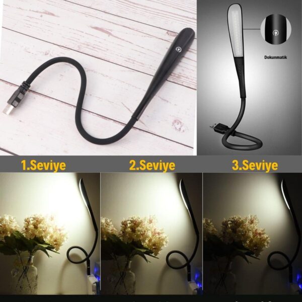 USB Girişli 14 Ledli 3 Kademeli Dokunmatik Masa/Kitap Okuma Lambası Ledi Siyah (4172) - Görsel 4