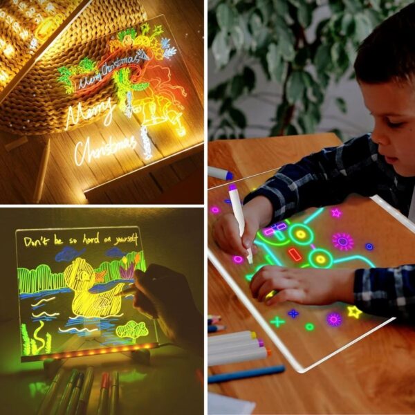 LED Işıklı Kendiliğinden Renkli Fosforlu Kalemli Kare Yazı Panosu 20x20 cm (4172) - Görsel 4