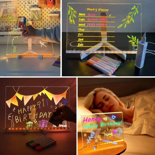 LED Işıklı Kendiliğinden Renkli Fosforlu Kalemli Dikdörtgen Yazı Panosu 20x30 cm (4172) - Görsel 5
