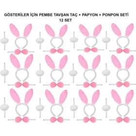 Pembe Tavşan Kostüm Seti – Taç, Papyon, Ponpon (12’li Paket)