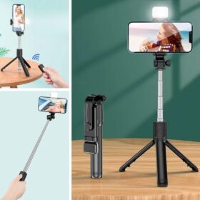 Kendiliğinden Işıklı Masaüstü Tripod Olabilen Telefon Tutuculu Kablosuz Kumandalı Selfie Çubuğu (4172)