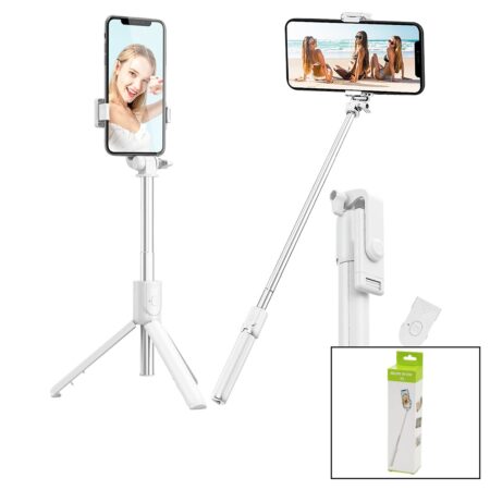 BEYAZ  SELFİ ÇUBUK - TRİPOD AYAKLI  57CM UZAYAN-KISALAN SAPLI + 10CM =67CM (4172)