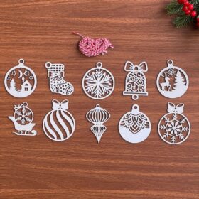 10 Parça Kırmızı Beyaz İpli Karışık Model Ahşap Yılbaşı Ağaç Süsü (4172)