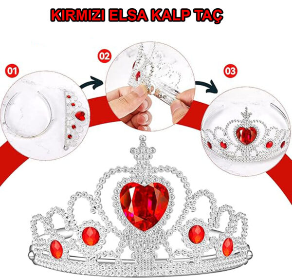 Kalp Taşlı Kırmızı Renk Karlar Ülkesi Elsa Anna Frozen Tacı - Görsel 3