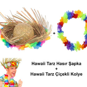 Hawaii Tarzı Tropikal Çiçekli Hasır Şapka ve Çiçekli Hawaii Kolye