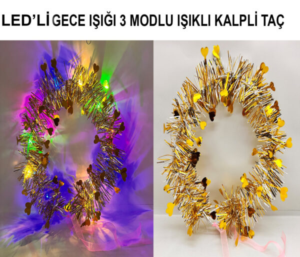 Kalp Püsküllü Gece Parıltısı 3 Modlu LED'li Işıklı Taç Altın Renk - Görsel 2