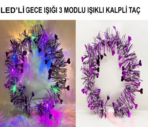 Kalp Püsküllü Gece Parıltısı 3 Modlu LED'li Işıklı Taç Mor Renk - Görsel 3