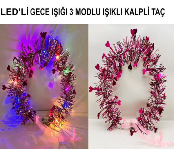 Kalp Püsküllü Gece Parıltısı 3 Modlu LED'li Işıklı Taç Fuşya Renk - Görsel 3