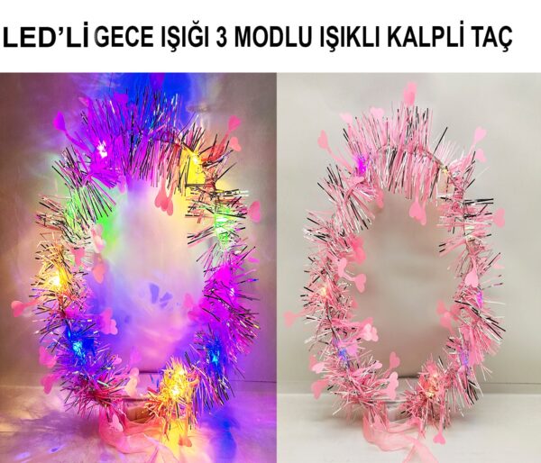 Kalp Püsküllü Gece Parıltısı 3 Modlu LED'li Işıklı Taç Pembe Renk - Görsel 2