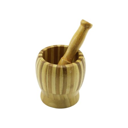 AHŞAP BAMBU - ÇİZGİLİ HAVAN SARIMSAK DÖVECEK Ç: 9.5CM--D: 6.6CM--Y:10.5CM FİLELİ AMBALAJ (4172)