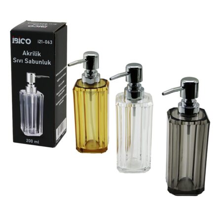 UZUN KARE TABAN -SEKİZGEN GÖVDE ŞEFFAF - RENKLİ AKRİLİK - MİKA KRİSTAL SIVI SABUNLUK 200ML (4172)