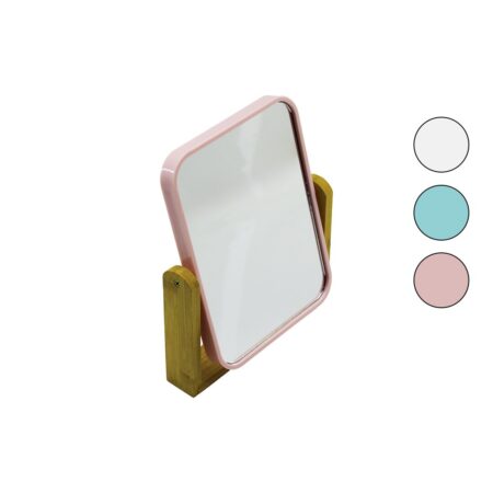DİKDÖRTGEN=20.5X15.5CM AHŞAP BAMBU AYAKLI MAKYAJ AYNASI ÇİFT TARAFLI RENKLİ PLASTİK ÇERÇEVE (4172)