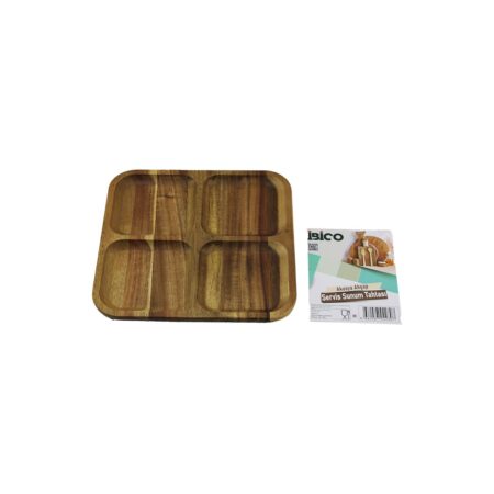 AKASYA KARE 4 BÖLMELİ  AHŞAP SERVİS SUNUM TEPSİ - TAHTASI  20 X 1.4CM (4172)