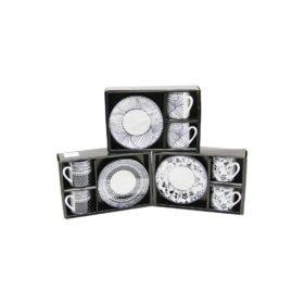 SİYAH - BEYAZ 4PCS=2-TAKIM  PORSELEN KAHVE FİNCANI  ÇİÇEK - ÇİZGİ - NOKTA MİX DESEN (4172)