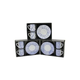 MAVİ - BEYAZ 4PCS=2-TAKIM  PORSELEN KAHVE FİNCANI  ÇİÇEK - ÇİZGİ - NOKTA MİX DESEN (4172)