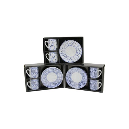 MAVİ - BEYAZ 4PCS=2-TAKIM  PORSELEN KAHVE FİNCANI  ÇİÇEK - ÇİZGİ - NOKTA MİX DESEN (4172)