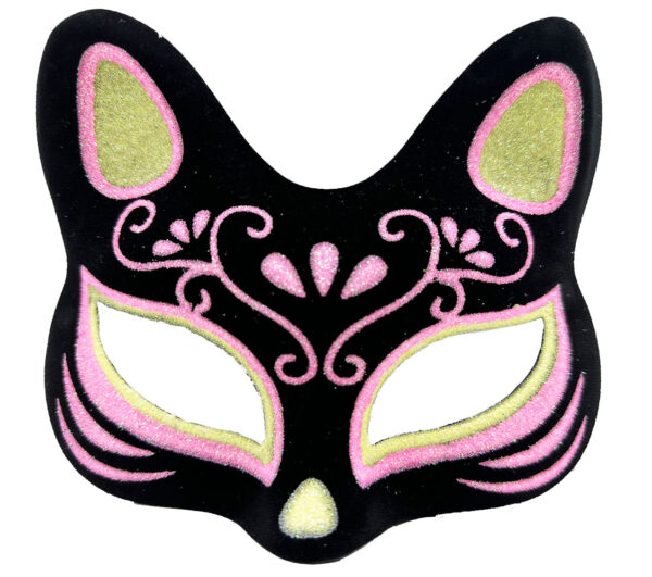 Siyah Renk Süet Kaplama Üzeri Sarı Pembe Simli Kedi Maskesi 17x14 cm - Görsel 4