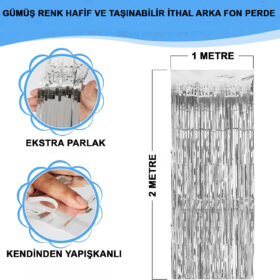 Gümüş Renk Ekstra Metalize Parlak Saçaklı Arka Fon Perde İthal A Kalite 1x2 Metre (4172)