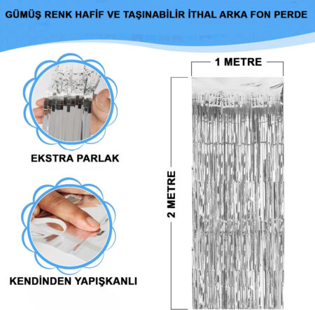 Gümüş Renk Ekstra Metalize Parlak Saçaklı Arka Fon Perde İthal A Kalite 1x2 Metre (4172)