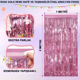 Rose Gold Renk Ekstra Metalize Parlak Saçaklı Arka Fon Perde İthal A Kalite 1x2 Metre (4172)
