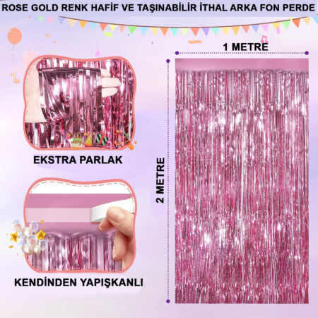 Rose Gold Renk Ekstra Metalize Parlak Saçaklı Arka Fon Perde İthal A Kalite 1x2 Metre (4172)