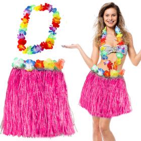 Hawaii Luau Aloha Pembe Püsküllü 40 cm Etek ve Hawaii Kolye Seti (4172)