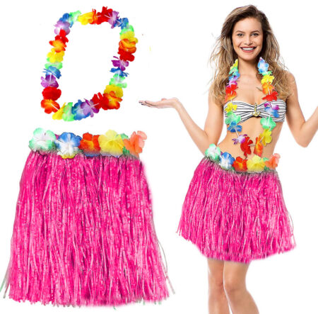 Hawaii Luau Aloha Pembe Püsküllü 40 cm Etek ve Hawaii Kolye Seti (4172)