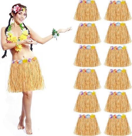 Yetişkin ve Çocuk Uyumlu Saman Renk Hawaii Luau Hula Etek 40 cm 12 Adet (4172)