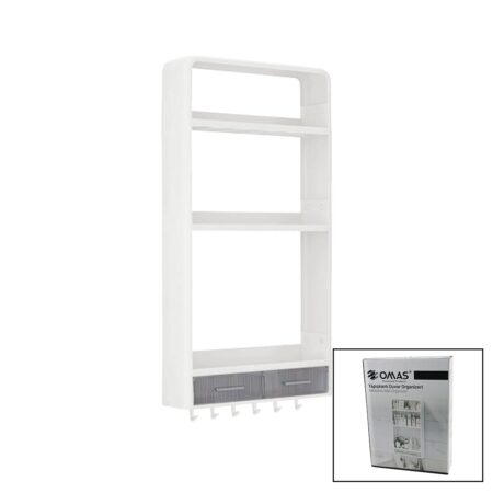 BEYAZ YAPIŞKANLI DUVAR ORGANİZERİ PLASTİK 3 RAF=14CM-19CM-30CM - 2 ÇEKMECE=40CM - 6 ASKI 19 PARÇA (4172)