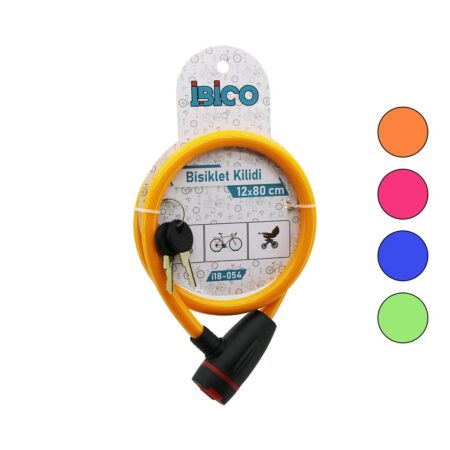 ANAHTARLI AÇ-KAPA KİLİT KAPAKLI PLASTİK KAFA BİSİKLET KİLİT ÇELİK TEL RENKLİ KILIF 12MMX80CM (4172)