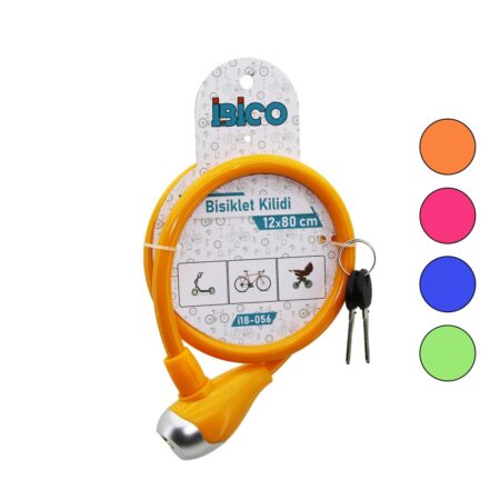 ANAHTARLI METAL UÇLU PLASTİK KAFA BİSİKLET KİLİT ÇELİK TEL RENKLİ KILIF 12MMX80CM (4172)