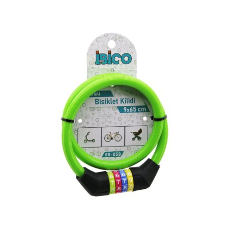 ŞİFRELİ İNCE BİSİKLET KİLİT ÇELİK TEL YEŞİL RENKLİ KILIF 9MMX65CM (4172)