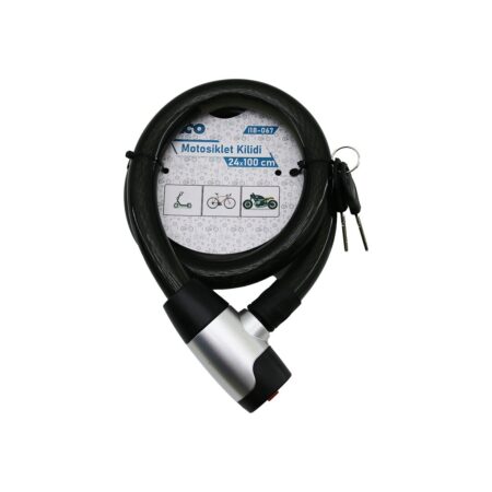 ANAHTARLI METAL KAPLAMA KAFA ÇEK-İT KİLİT KAPAK MOTOR - BİSİKLET KİLİT ÇELİK TEL SİYAH ŞEFFAF KILIF 24MMX100CM (4172)