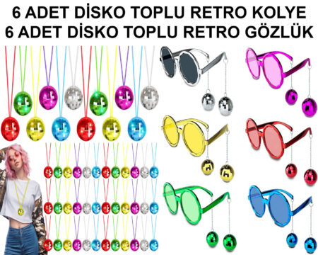 12 Parça Renkli Disko Toplu Retro Parti Seti – 6 Kolye + 6 Gözlük (4172)