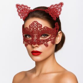 Romantik Kırmızı Dantel Maske Seti – Kedi Kulaklı Taç ve Maske 3 No (4172)